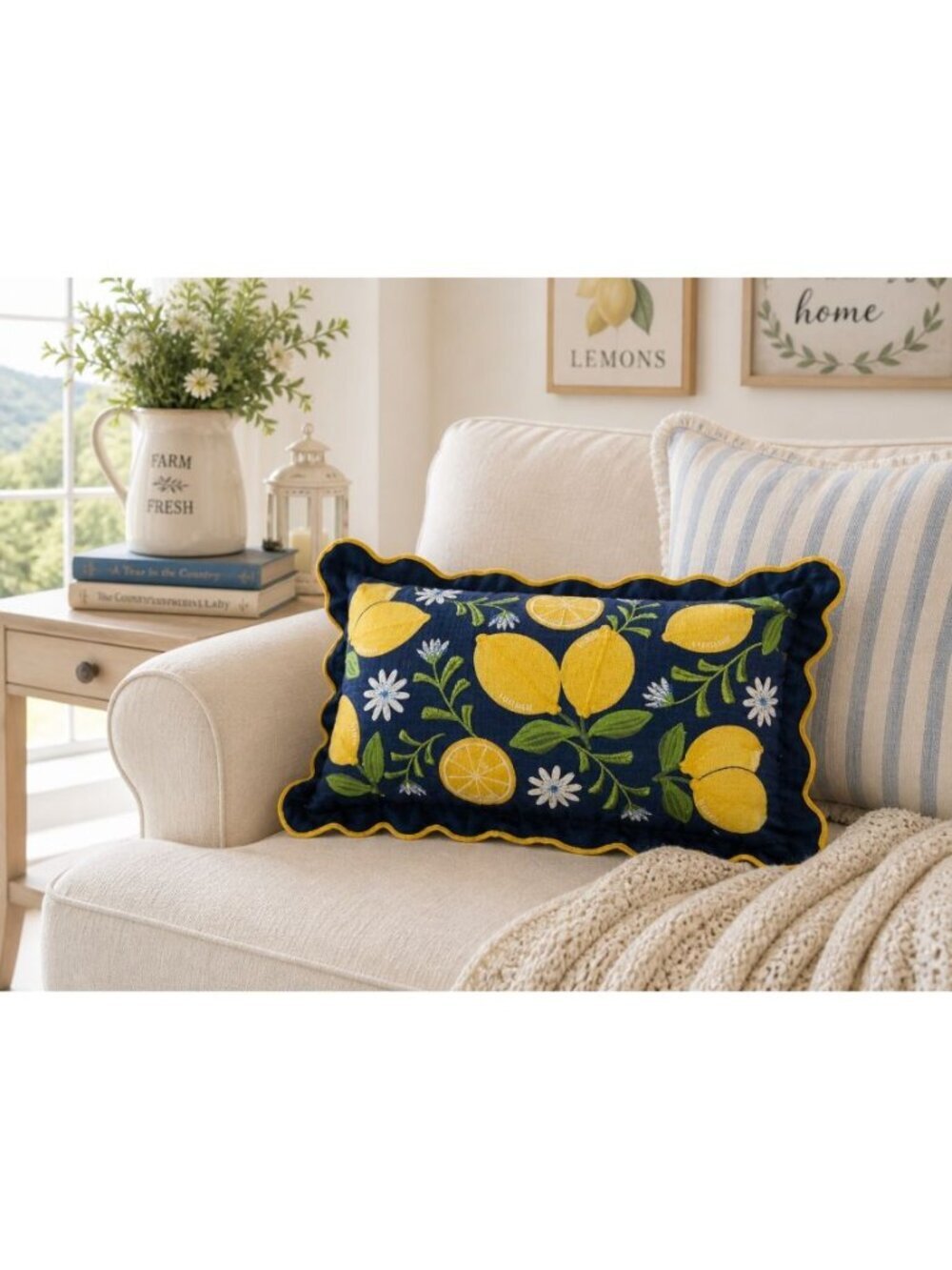 New Summer Country Side Lemon Fringe Nautica Indoor Outdoor Room Throw Pillow